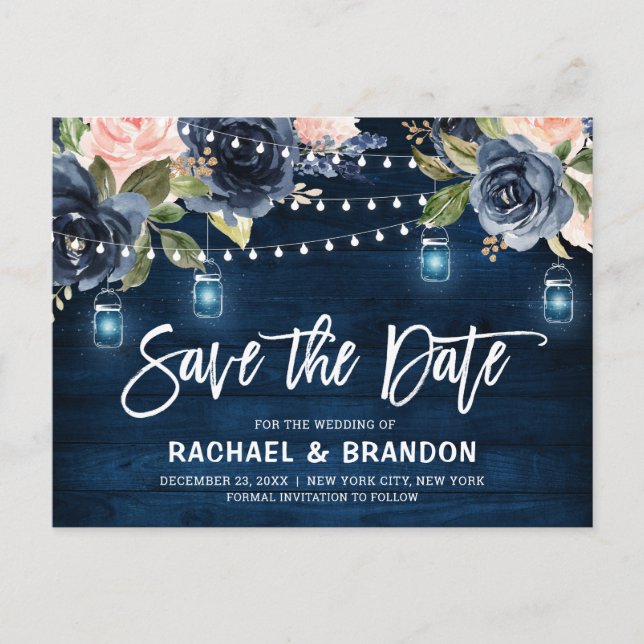 Navy Blue Blush Floral String Light Save the Date Postcard (Front)