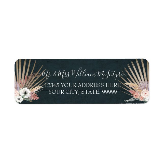 Navy Blue Blush Floral Tropical Palm Leaf Wedding Label (Front)