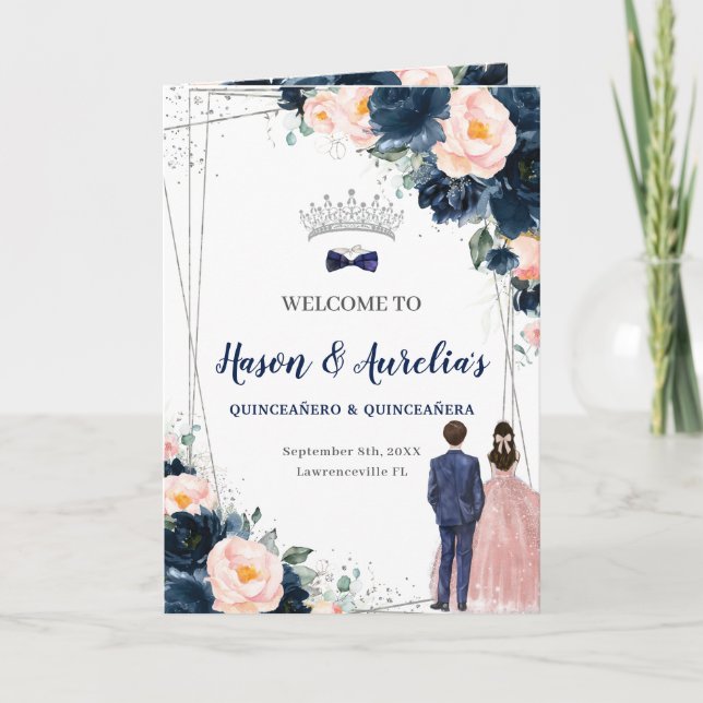 Navy Blue Blush Floral Twins Boy Girl Quinceañera Program (Front)