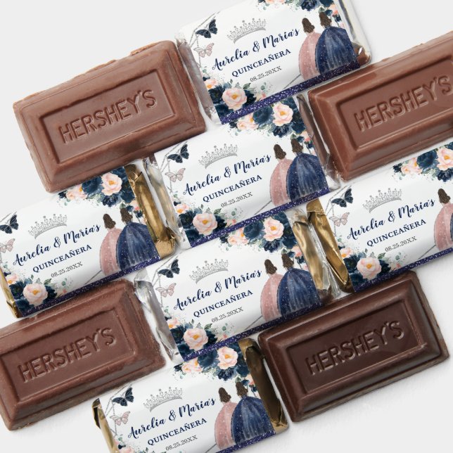 Navy Blue Blush Floral Twins Quinceañera Sweet 16 Hershey's Miniatures (Assorted)
