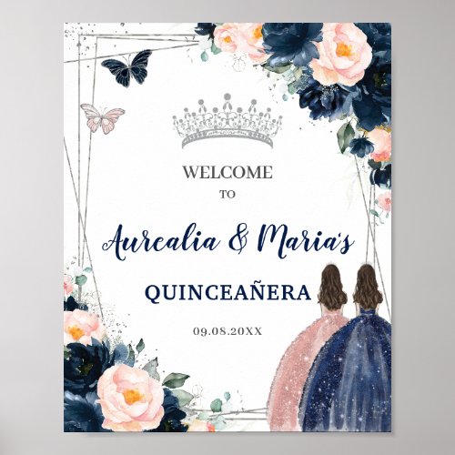 Navy Blue Blush Floral Twins Silver Quinceaera  Poster