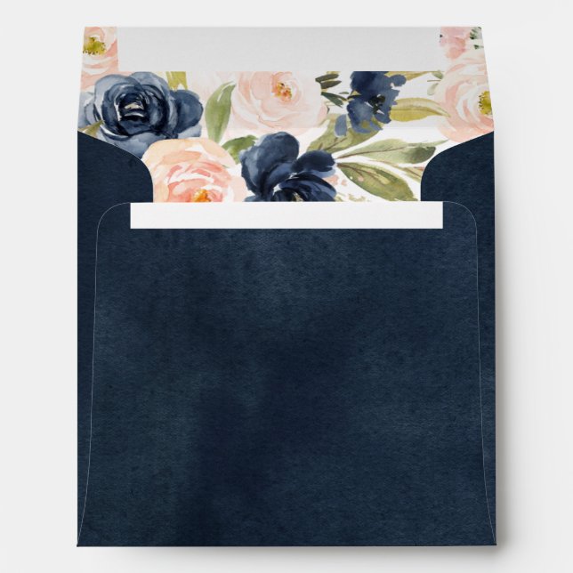 Navy Blue & Blush Floral Watercolor Bridal Shower  Envelope (Back (Bottom))