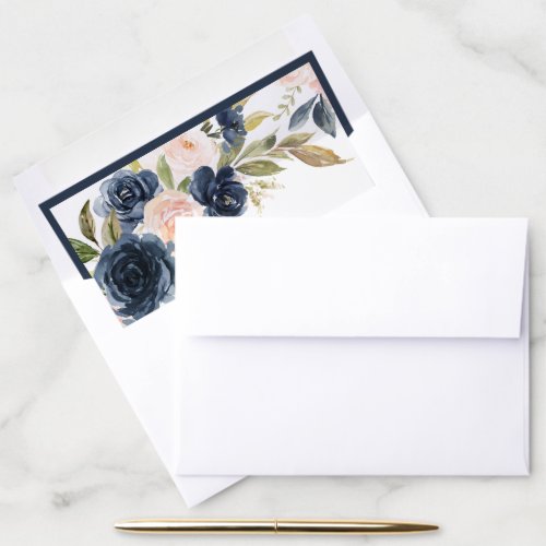 Navy Blue  Blush Floral Watercolor Bridal Shower Envelope Liner