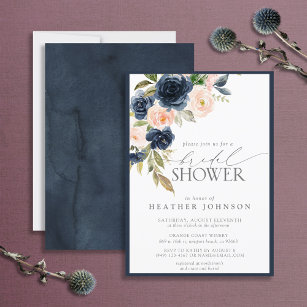 Navy Blue & Blush Floral Watercolor Bridal Shower Invitation