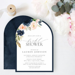 Navy Blue & Blush Floral Watercolor Bridal Shower Invitation