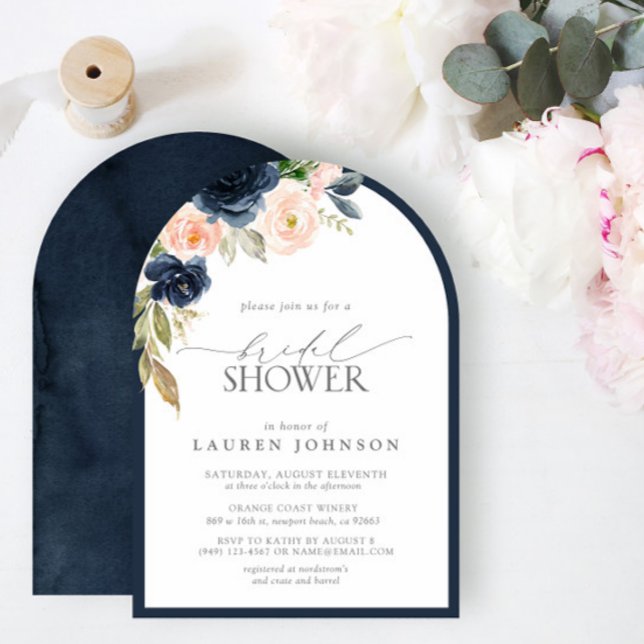 Navy Blue & Blush Floral Watercolor Bridal Shower Invitation (Creator Uploaded)