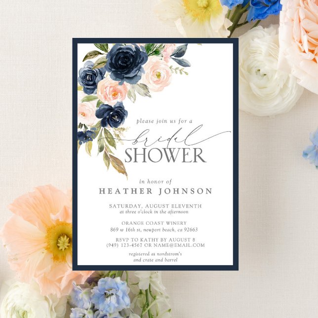 Navy Blue & Blush Floral Watercolor Bridal Shower Invitation (Creator Uploaded)