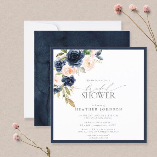Navy Blue  Blush Floral Watercolor Bridal Shower Invitation
