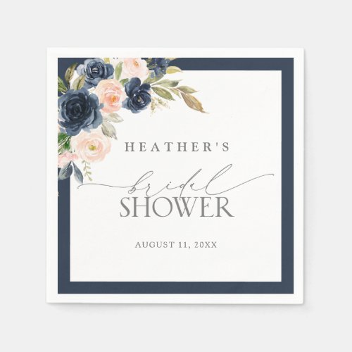 Navy Blue  Blush Floral Watercolor Bridal Shower Napkins
