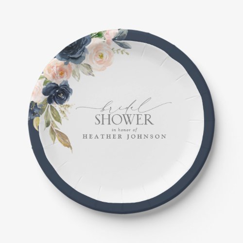 Navy Blue  Blush Floral Watercolor Bridal Shower Paper Plates