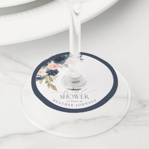 Navy Blue  Blush Floral Watercolor Bridal Shower Wine Glass Tag