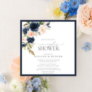 Navy Blue & Blush Floral Watercolor Couples Shower Invitation