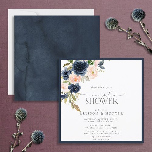 Navy Blue  Blush Floral Watercolor Couples Shower Invitation