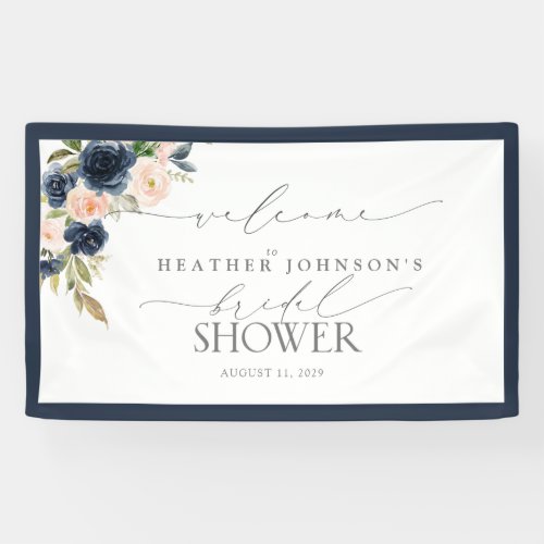 Navy Blue  Blush Floral Watercolor Floral Welcome Banner