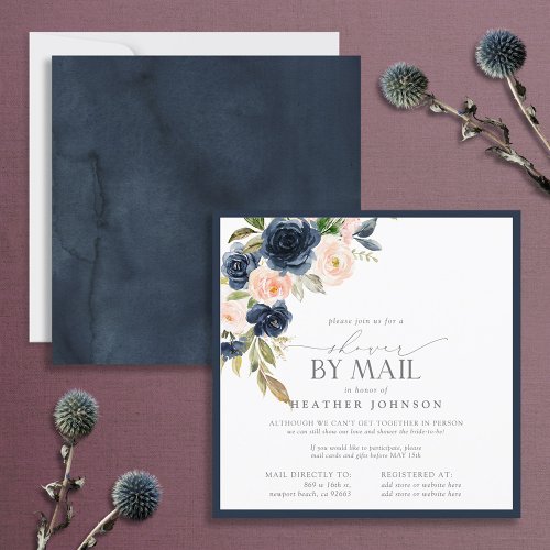 Navy Blue  Blush Floral Watercolor Shower Mail Invitation