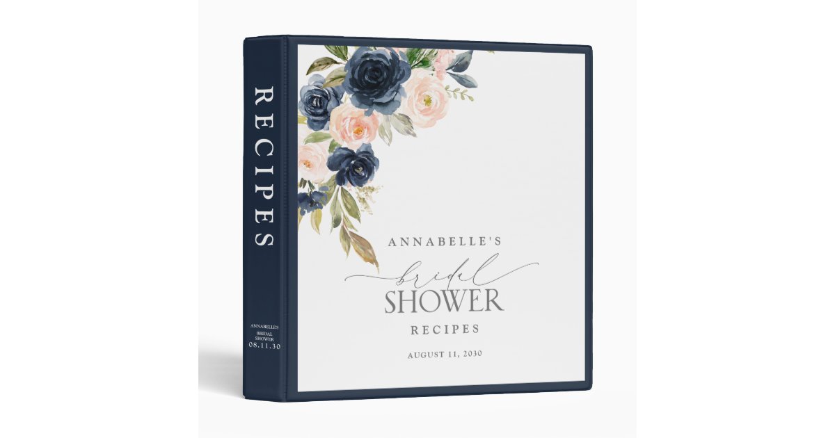 Navy Blue & Blush Floral Watercolor Shower Recipe 3 Ring Binder | Zazzle
