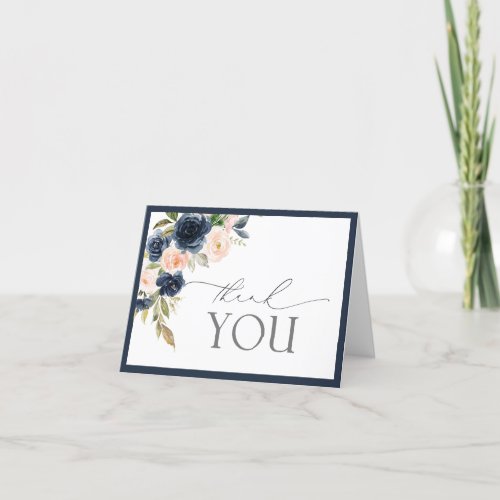 Navy Blue  Blush Floral Watercolor Thank You Card