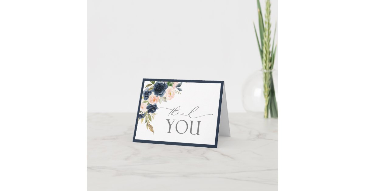 Navy Blue & Blush Floral Watercolor Thank You Card | Zazzle