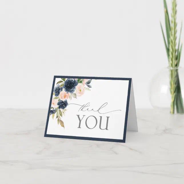 Navy Blue & Blush Floral Watercolor Thank You Card | Zazzle
