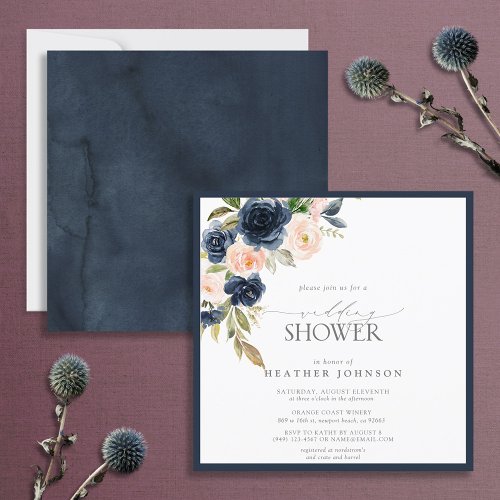 Navy Blue  Blush Floral Watercolor Wedding Shower Invitation