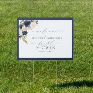 Navy Blue & Blush Floral Watercolor Welcome Sign
