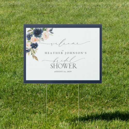 Navy Blue  Blush Floral Watercolor Welcome Sign