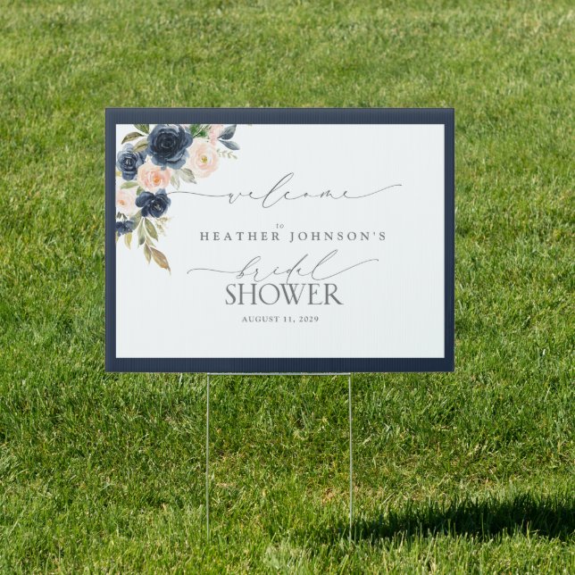 Navy Blue & Blush Floral Watercolor Welcome Sign (Insitu)