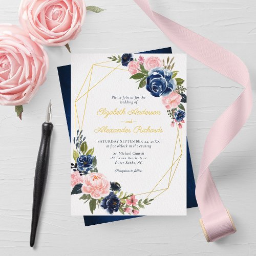 Navy Blue Blush Floral Wedding Geometric Gold Foil Invitation