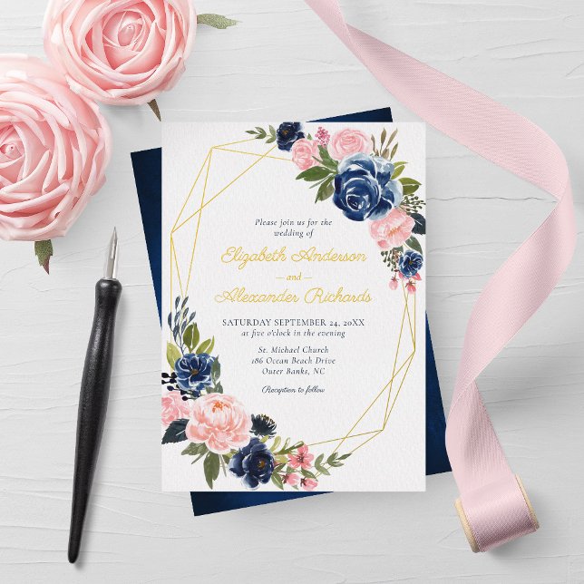 Navy Blue Blush Floral Wedding Geometric Gold Foil Invitation (Creator Uploaded)