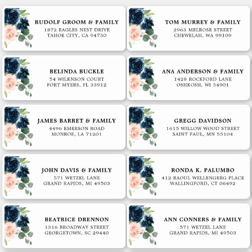 Navy Blue Blush Floral Wedding Guest Address Sticker