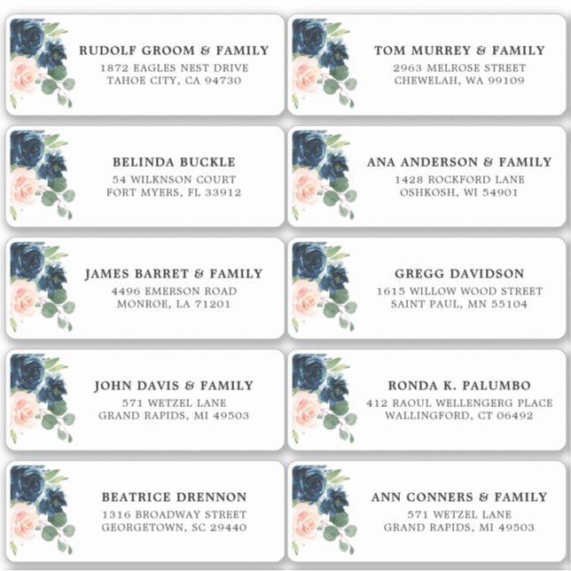 Navy Blue Blush Floral Wedding Guest Address Sticker (Front)