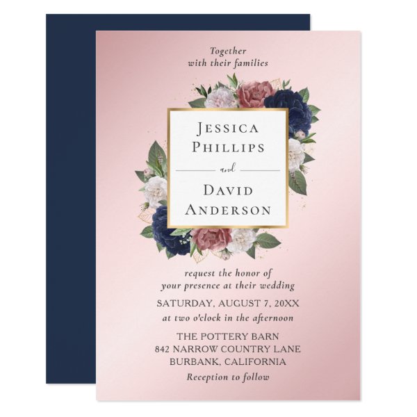 Navy Blue Blush Floral Wedding Invitations