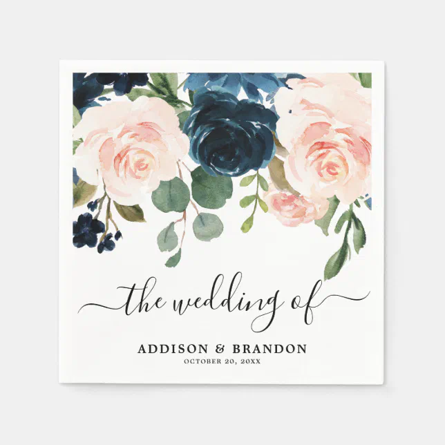 Navy Blue Blush Floral Wedding paper Napkins | Zazzle