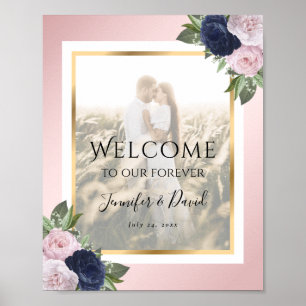 Navy Blue Blush Floral Wedding Photo Welcome Sign