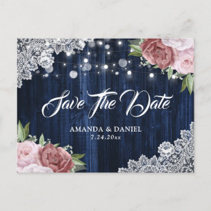 Navy Blue Blush Floral Wedding Save The Date Announcement Postcard