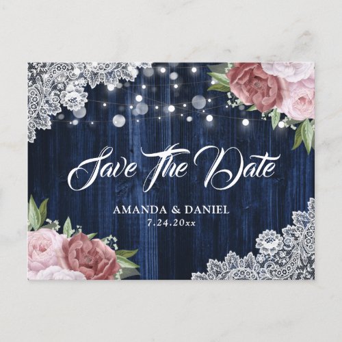 Navy Blue Blush Floral Wedding Save The Date Announcement Postcard