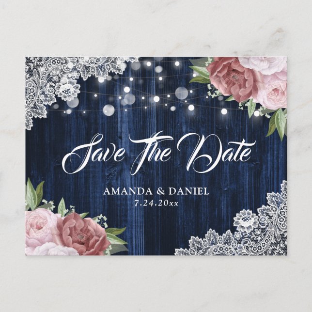 Navy Blue Blush Floral Wedding Save The Date Announcement Postcard (Front)