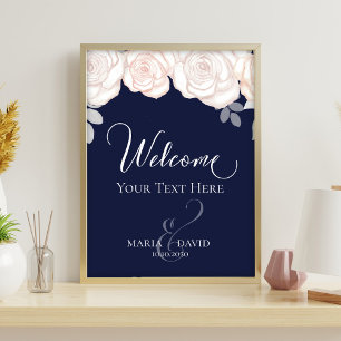 Navy Blue Blush Floral Wedding Welcome Sign Flyer