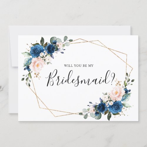 Navy Blue Blush Floral Will You Be My Bridesmaid Invitation