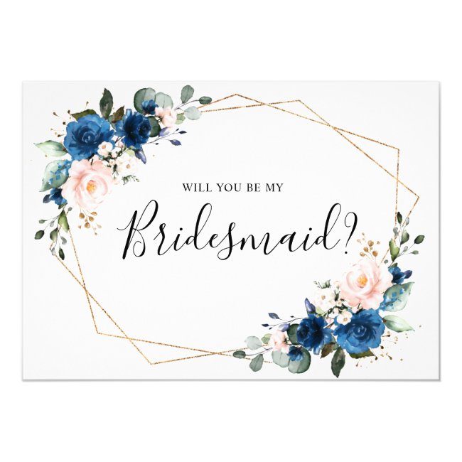 Navy Blue Blush Floral Will You Be My Bridesmaid Invitation