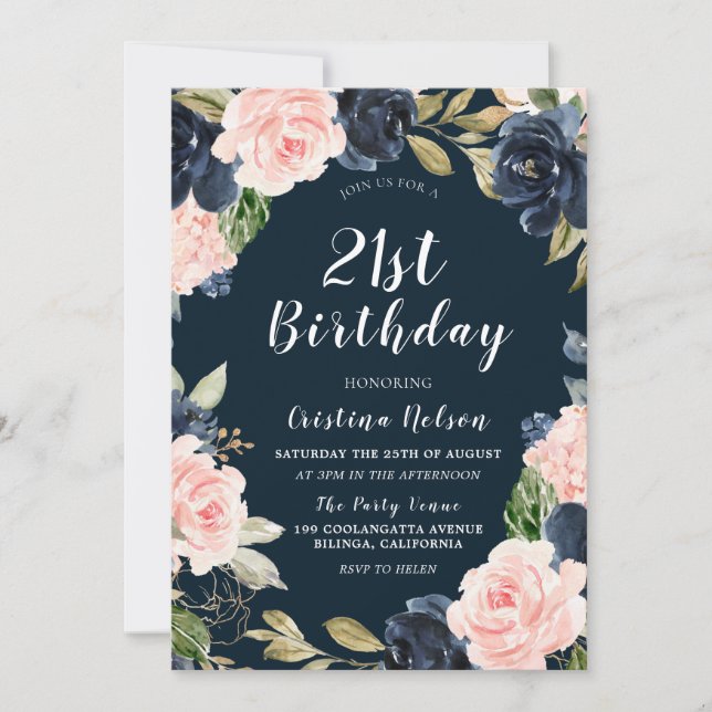 Navy Blue Blush Floral Wreath 21st Birthday Party Invitation (Front)
