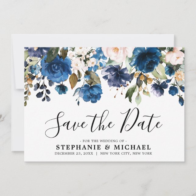 Navy Blue blush Florals Botanical Save the Date (Front)