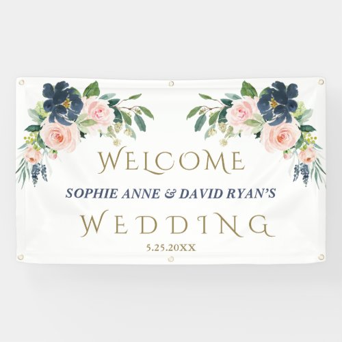 Navy Blue Blush Flowers Wedding Welcome Sign