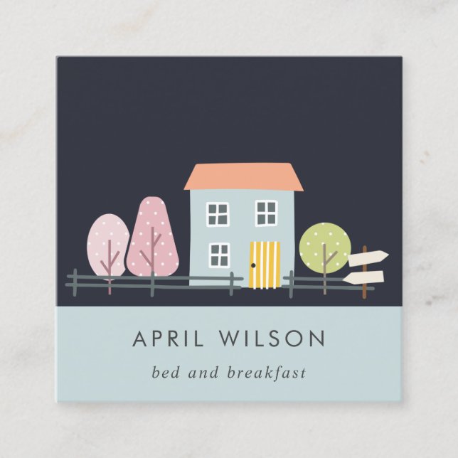 NAVY BLUE BLUSH GARDEN HOME STAY BED & BREAKFAST SQUARE BUSINESS CARD (Front)