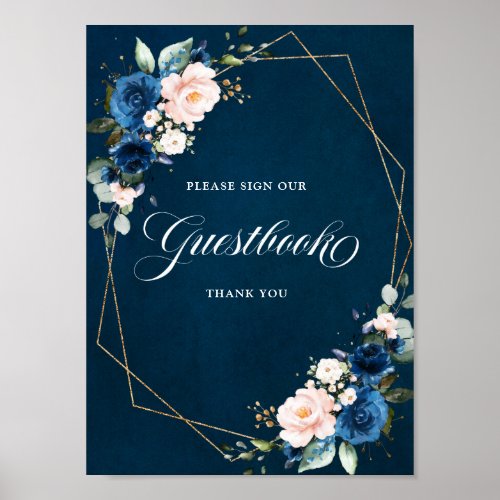 Navy Blue Blush Geometric Sign Guestbook Poster