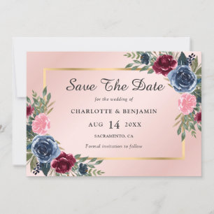 Navy Blue Blush Gold Burgundy Floral Wedding Save The Date