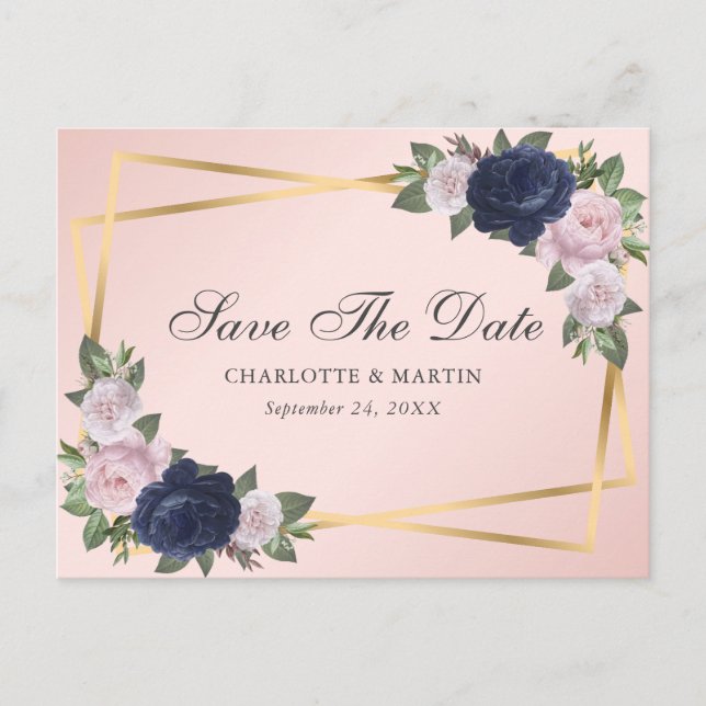 Navy Blue Blush Gold Floral Geometric Wedding Announcement Postcard (Front)