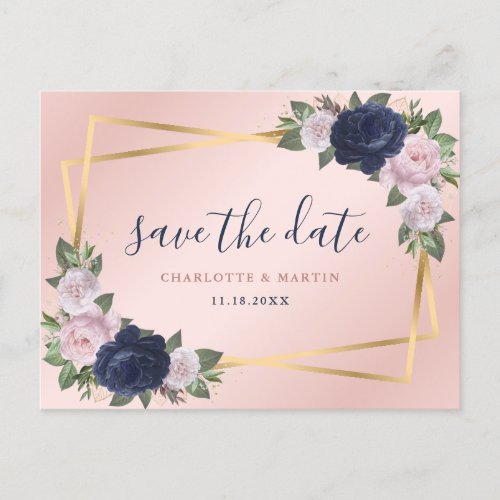 Navy Blue Blush Gold Floral Geometric Wedding Announcement Postcard