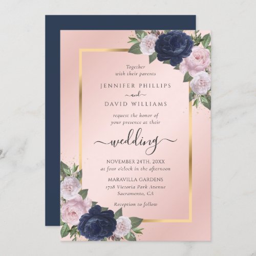 Navy Blue Blush Gold Floral Wedding Invitation