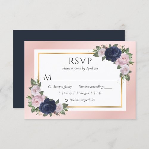 Navy Blue Blush Gold Floral Wedding RSVP Cards
